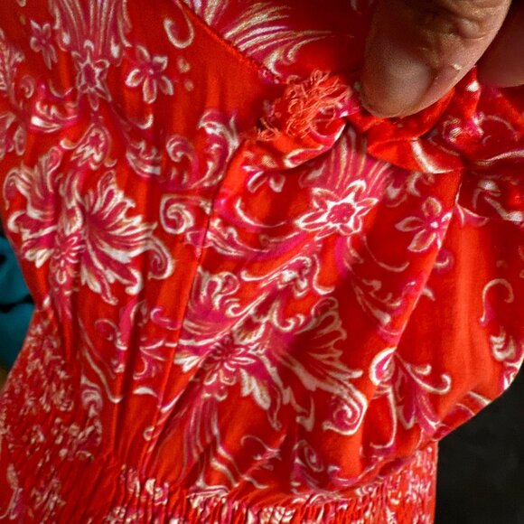 Abel the Label Red Floral Midi Dress With V-Neck Button Detail & Short Sleeves - Picture 7 of 9